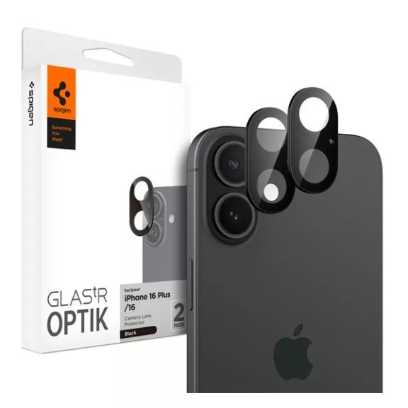 Spigen Glas.tR Optik Apple iPhone 16 Plus / iPhone 16 Tempered kameravédő fólia, fekete (2db)