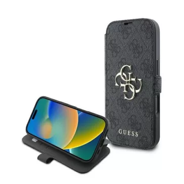   Guess 4G Metal Logo iPhone 16 Pro flip/oldalra nyíló tok, fekete GUBKP16L4GMGGR