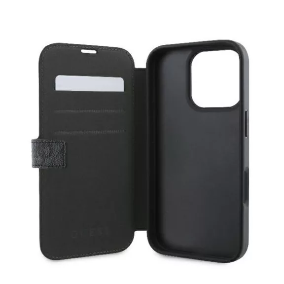 Guess 4G Metal Logo iPhone 16 Pro flip/oldalra nyíló tok, fekete GUBKP16L4GMGGR
