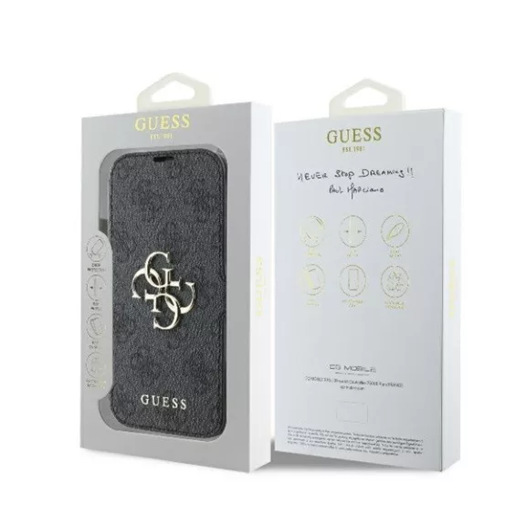 Guess 4G Metal Logo iPhone 16 Pro flip/oldalra nyíló tok, fekete GUBKP16L4GMGGR