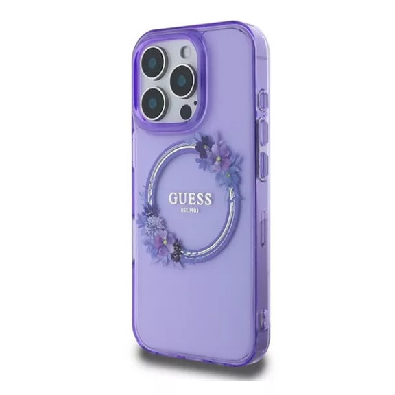 Guess IML Flowers Wreath iPhone 16 Pro MagSafe kemény hátlap tok, lila GUHMP16LHFWFCU