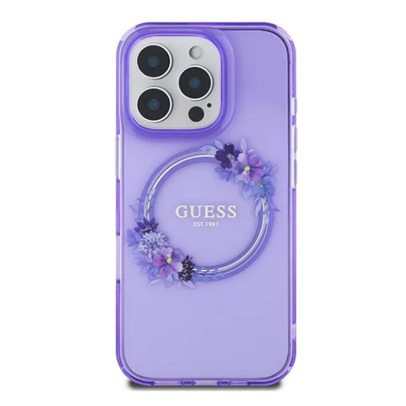 Guess IML Flowers Wreath iPhone 16 Pro MagSafe kemény hátlap tok, lila GUHMP16LHFWFCU