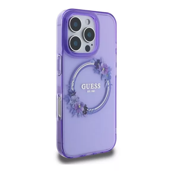 Guess IML Flowers Wreath iPhone 16 Pro MagSafe kemény hátlap tok, lila GUHMP16LHFWFCU