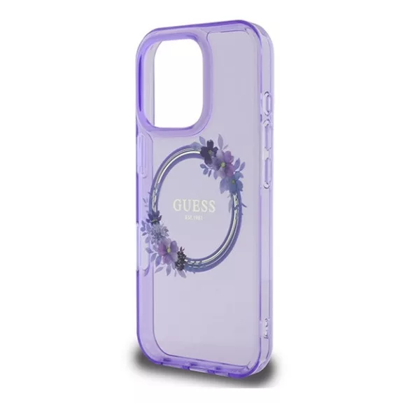 Guess IML Flowers Wreath iPhone 16 Pro MagSafe kemény hátlap tok, lila GUHMP16LHFWFCU