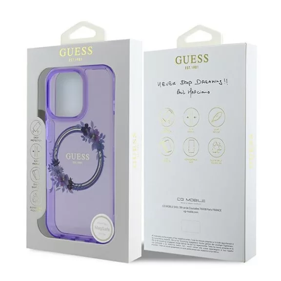 Guess IML Flowers Wreath iPhone 16 Pro MagSafe kemény hátlap tok, lila GUHMP16LHFWFCU