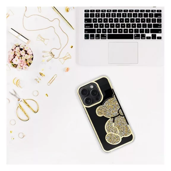 Teddy Bear iPhone 14 Pro csillogó köves tok, arany