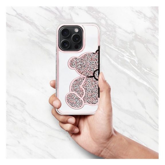 Teddy Bear iPhone 11 csillogó köves tok, rózsaszín