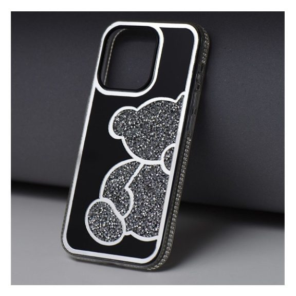 Teddy Bear iPhone 15 csillogó köves tok, ezüst