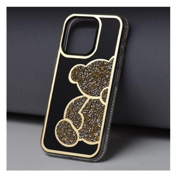 Teddy Bear iPhone 15 csillogó köves tok, arany