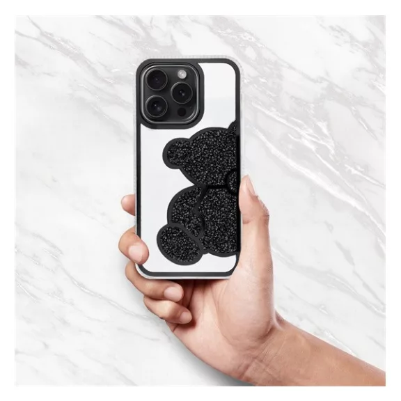 Teddy Bear iPhone 15 Pro csillogó köves tok, fekete