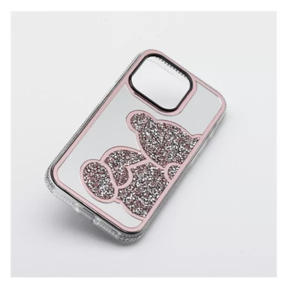 Teddy Bear iPhone 15 Pro csillogó köves tok, rózsaszín