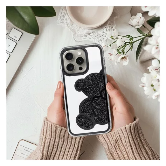 Teddy Bear iPhone 13 Pro csillogó köves tok, fekete