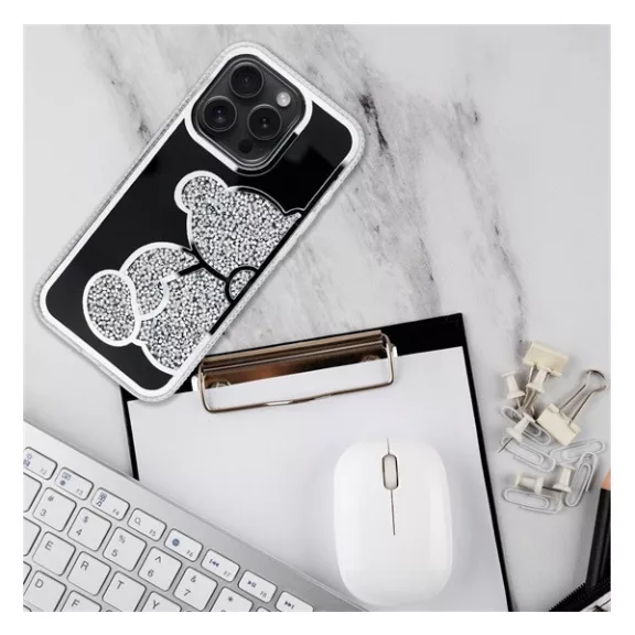 Teddy Bear iPhone 13 Pro csillogó köves tok, ezüst
