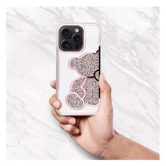 Teddy Bear iPhone 13 Pro csillogó köves tok, rózsaszín