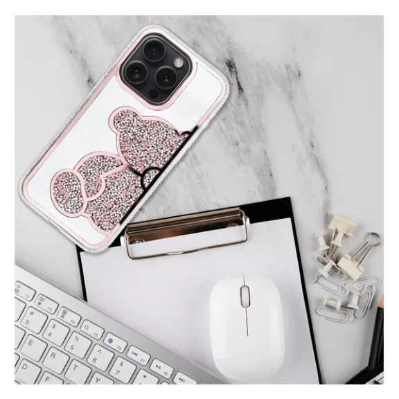 Teddy Bear iPhone 13 Pro csillogó köves tok, rózsaszín