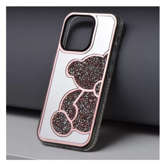 Teddy Bear iPhone 13 Pro csillogó köves tok, rózsaszín