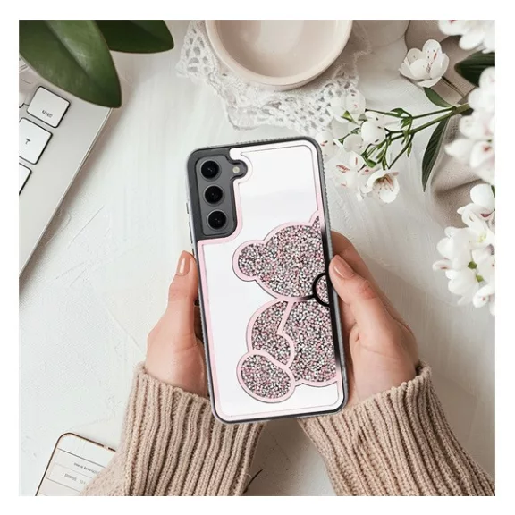 Teddy Bear Samsung Galaxy A15 4G / A15 5G csillogó köves tok, rózsaszín