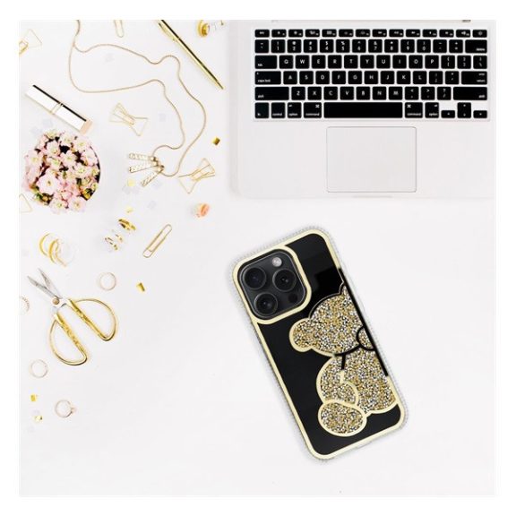 Teddy Bear iPhone 16 Plus csillogó köves tok, arany