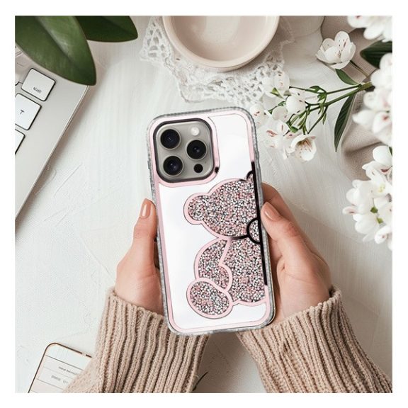 Teddy Bear iPhone 16 Plus csillogó köves tok, rózsaszín