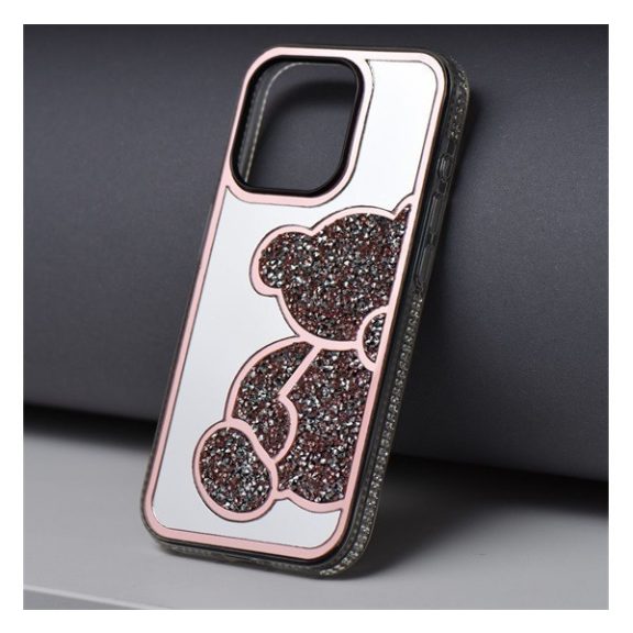 Teddy Bear iPhone 16 Plus csillogó köves tok, rózsaszín
