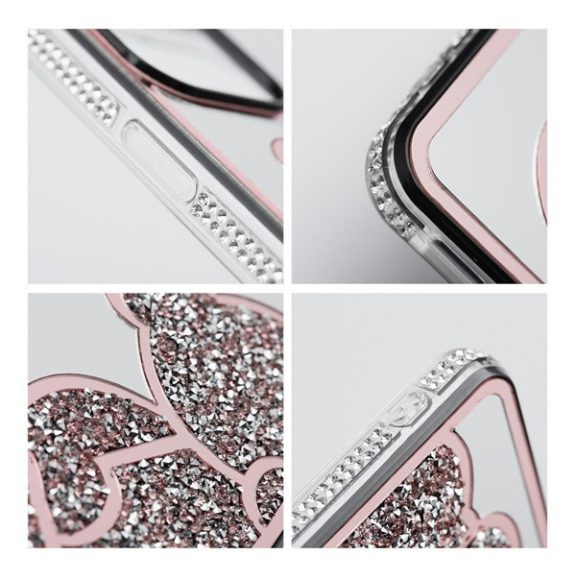 Teddy Bear iPhone 16 Plus csillogó köves tok, rózsaszín