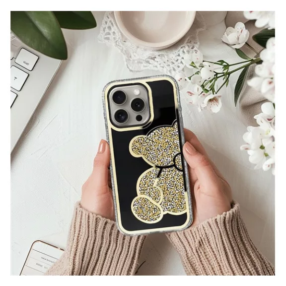 Teddy Bear iPhone 15 Pro Max csillogó köves tok, arany
