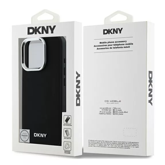 DKNY Plain Silver Logo iPhone 16 Pro Max MagSafe hátlap tok, fekete DKHMP16XPSCMCLK