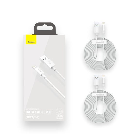 Baseus Simple Wisdom USB / Lightning adat/töltőkábel, 2,4A, 1,5m, Fehér (2db)