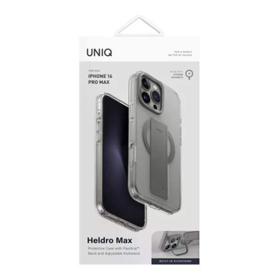 Uniq Heldro Max iPhone 16 Pro Max MagSafe tok kitámasztóval,  átlátszó