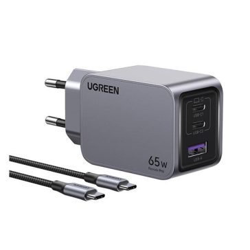   Ugreen Nexode Pro USB-A + 2x USB-C hálózati töltő adapter + USB-C kábel, 65W, 1.5m, fekete