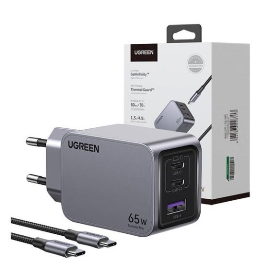 Ugreen Nexode Pro USB-A + 2x USB-C hálózati töltő adapter + USB-C kábel, 65W, 1.5m, fekete