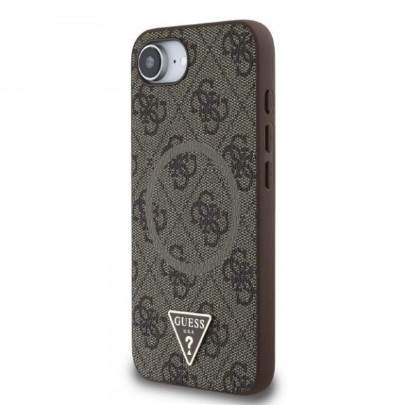 Guess PU 4G Strass Triangle Metal Logo Apple iPhone 17e / iPhone 16e MagSafe hátlap tok, barna