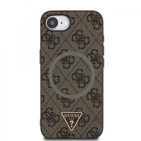 Guess PU 4G Strass Triangle Metal Logo Apple iPhone 17e / iPhone 16e MagSafe hátlap tok, barna