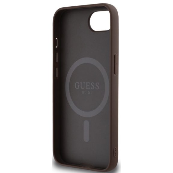 Guess PU 4G Strass Triangle Metal Logo Apple iPhone 17e / iPhone 16e MagSafe hátlap tok, barna