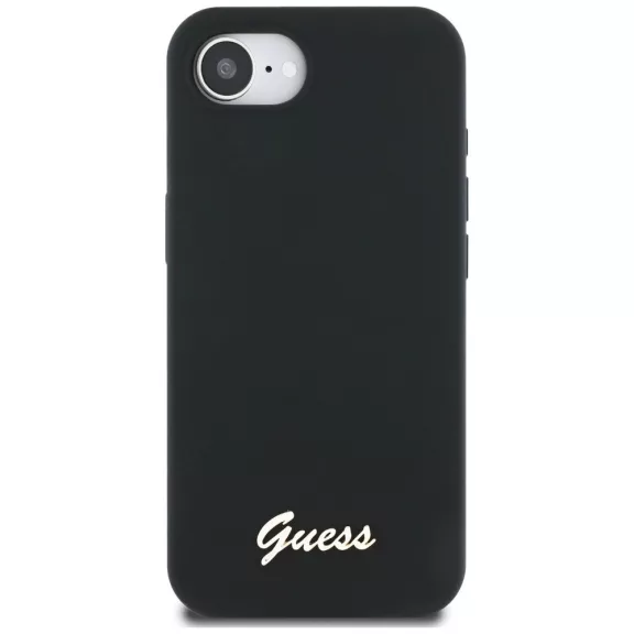 Guess Silicone Script Metal Logo Apple iPhone 17e / iPhone 16e MagSafe szilikon tok, fekete