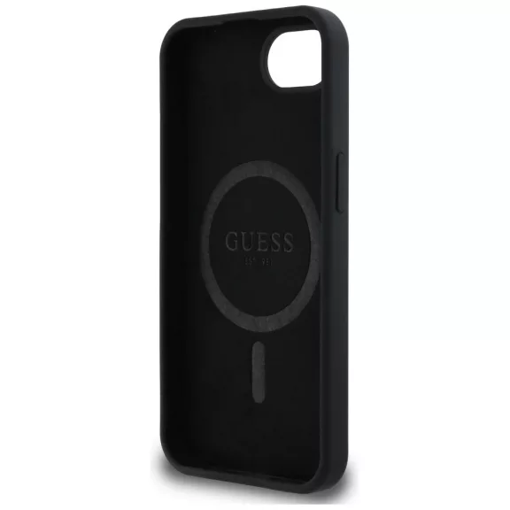 Guess Silicone Script Metal Logo Apple iPhone 17e / iPhone 16e MagSafe szilikon tok, fekete