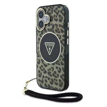   Guess IML Leopard Triangle Logo Strap iPhone 16 MagSafe hátlap tok, barna