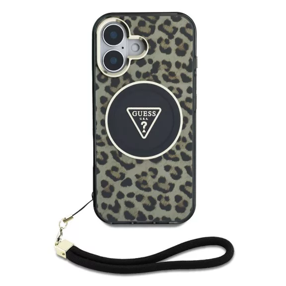 Guess IML Leopard Triangle Logo Strap iPhone 16 MagSafe hátlap tok, barna