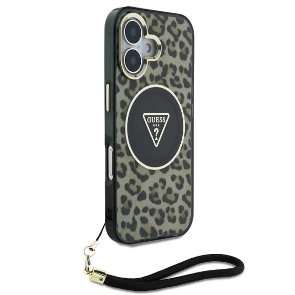 Guess IML Leopard Triangle Logo Strap iPhone 16 MagSafe hátlap tok, barna
