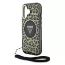 Guess IML Leopard Triangle Logo Strap iPhone 16 MagSafe hátlap tok, barna