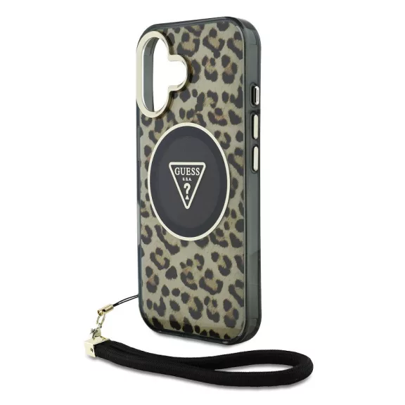 Guess IML Leopard Triangle Logo Strap iPhone 16 MagSafe hátlap tok, barna
