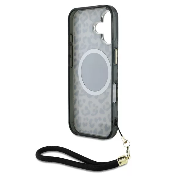 Guess IML Leopard Triangle Logo Strap iPhone 16 MagSafe hátlap tok, barna
