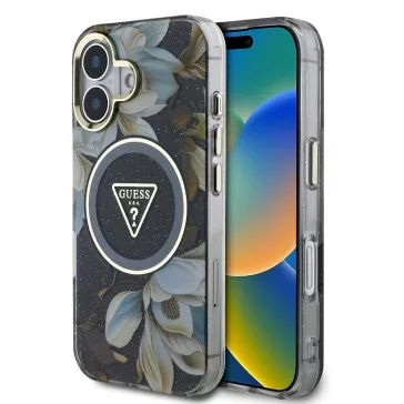   Guess IML Glitter Magnolia and Triangle Logo iPhone 16 MagSafe hátlap tok, fekete
