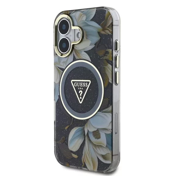 Guess IML Glitter Magnolia and Triangle Logo iPhone 16 MagSafe hátlap tok, fekete