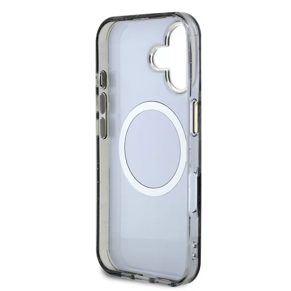 Guess IML Glitter Magnolia and Triangle Logo iPhone 16 MagSafe hátlap tok, fekete