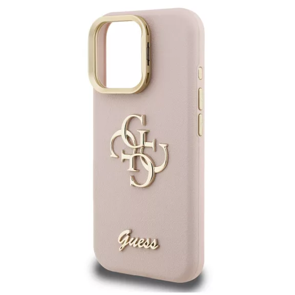 Guess PU Grained 4G Logo Stand Camera Frame iPhone 16 Pro hátlap tok kitámasztóval, rózsaszín