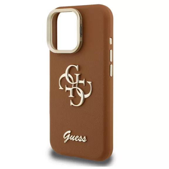 Guess PU Grained 4G Logo Stand Camera Frame iPhone 16 Pro Max hátlap tok kitámasztóval, barna