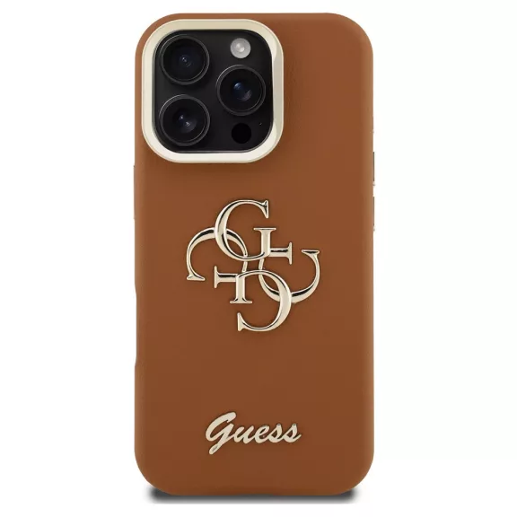Guess PU Grained 4G Logo Stand Camera Frame iPhone 16 Pro hátlap tok kitámasztóval, barna