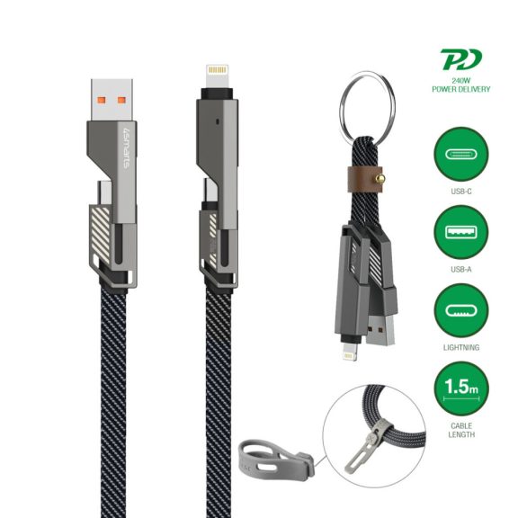 4smarts ComboCord USB-C / USB-C / USB-A töltő és adatkábel, 240W, 1,5m, kulcstartó kábellel, szürke