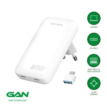   4smarts FlatPlug Slim Dual USB-C hálózati adapter, 65W GaN, fehér